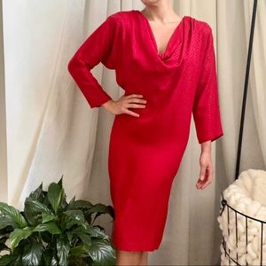 Vintage 1980s Red Cowl Neck Midi Length Dress